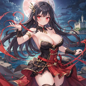 magic Girl with black Doubletailhair and beautiful detailed red eyes. 
Sea moon and castle landscape background.