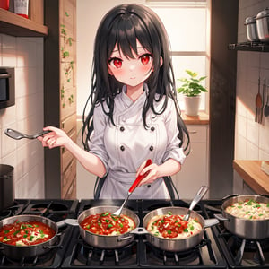 1 girl with long black hair and red eyes.
cooking.