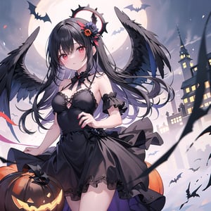 1 woman with long black hair and red eyes Wearing as a Angel on the halloween.