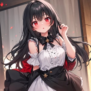 1 girl with long black hair and red eyes.
Incoming kiss.