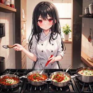 1 girl with long black hair and red eyes.
cooking.