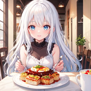 1 woman with long white hair and blue eyes.
Cooking and table food.