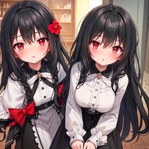 1 girl with long black hair and red eyes.
Incoming kiss