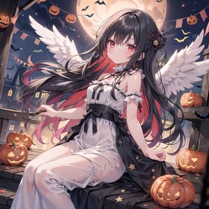 1 woman with long black hair and red eyes Wearing as a Angel on the halloween. 