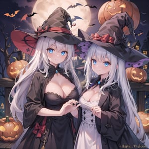 1 woman with long white hair and blue eyes Wearing as a Smile Witch on the halloween. 