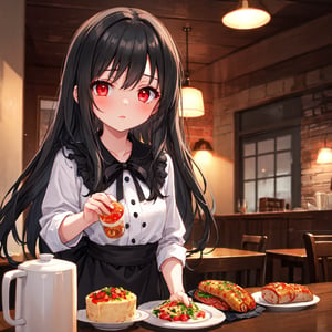 1 girl with long black hair and red eyes.
table cuisine.