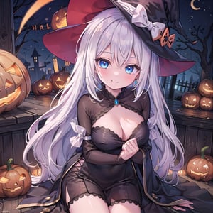 1 woman with long white hair and blue eyes Wearing as a Smile Witch on the halloween. 