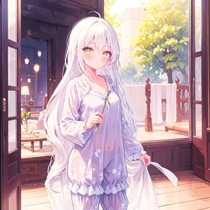 1 Girl with white hair and beautiful detailed golden eyes. 
Wearing loungewear. 