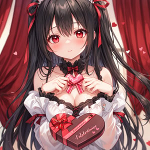 1 girl with long black hair and red eyes.
Valentine's Day Give chocolates.