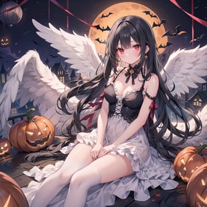 1 woman with long black hair and red eyes Wearing as a Angel on the halloween. 