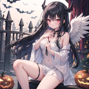 1 woman with long black hair and red eyes Wearing as a Angel on the halloween.