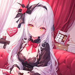 1 Girl with white hair and beautiful detailed golden eyes.
Valentine's Day Give chocolates.