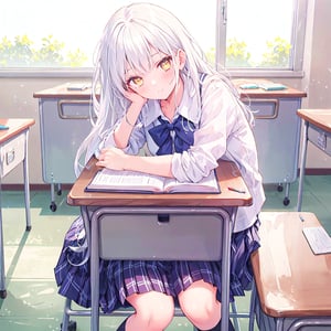 1 Girl with white hair and beautiful detailed golden eyes.
Wear school uniform and sit in class Neat desk.