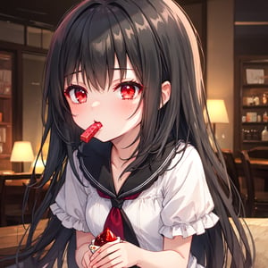 1 girl with long black hair and red eyes.
eat sweets.