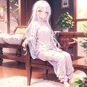 1 Girl with white hair and beautiful detailed golden eyes. 
Wearing loungewear.