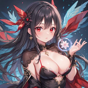 magic Girl with black Doubletailhair and beautiful detailed red eyes. 