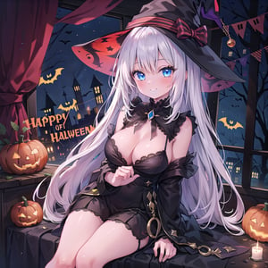 1 woman with long white hair and blue eyes Wearing as a Smile Witch on the halloween. 