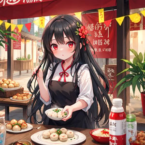 1 girl with long black hair and red eyes.
Dragon Boat Festival table rice dumplings
