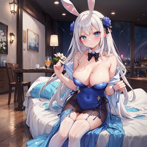 1 woman with long white hair and beautiful detailed blue eyes.
Dressed as a bunny_girl.