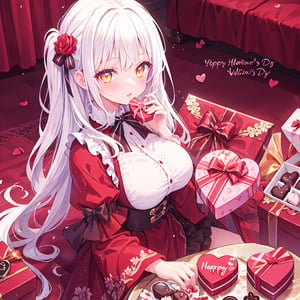 1 Girl with white hair and beautiful detailed golden eyes.
Valentine's Day Give chocolates.