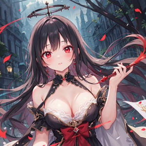 magic Girl with black Doubletailhair and beautiful detailed red eyes. 