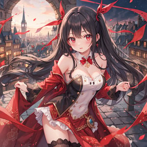 magic Girl with black Doubletailhair and beautiful detailed red eyes. European city scenery background.