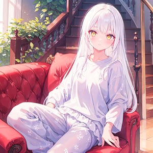 1 Girl with white hair and beautiful detailed golden eyes.
Wearing loungewear,