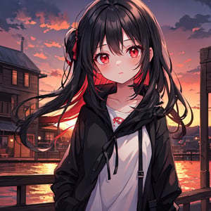 1 girl with black hair and red eyes.
Sunset background,style,masterpiece.
