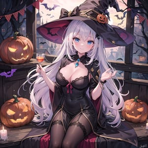 1 woman with long white hair and detailed blue eyes Wearing as a Smile Witch on the halloween. 