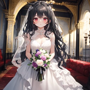 1 woman with long black hair and beautiful detailed red eyes. 
Dressed as a bride Get the bouquet.