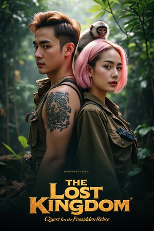 masterpiece,best quality, extremely detailed 8k,8k resolution,exquisite facial features,prefect face, A highly detailed and ultra-realistic 8K movie poster titled ‘The Lost Kingdom: Quest for the Forbidden Relic,’ set in a thrilling, mysterious adventure style inspired by classic jungle exploration films. The scene vividly captures a rugged and lush jungle environment with photorealistic details, including ancient ruins and hidden dangers lurking in the dense foliage. At the center of the poster are the main characters: a handsome male lead with bronze hair and white skin, featuring sharp, attractive features reminiscent of a Korean movie star, with a strong jawline, captivating eyes, and a confident yet charming expression. He is dressed in stylish adventure gear with lifelike textures, and his loyal pygmy monkey, rendered in stunning detail, perches on his shoulder, adding a touch of wild charm. Beside him is the beautiful female lead with pink hair and fair skin, with a face that is breathtakingly stunning like a top Korean actress. She has delicate yet striking features, including big, expressive eyes, a flawless complexion, and an alluring smile. She is dressed in a daring, form-fitting adventure outfit that highlights her confident and adventurous spirit, exuding a mix of fierceness and allure. Supporting characters include a menacing villain in dark attire with a sinister gaze, a wise elder with intricate tribal tattoos and an air of mystery, and a comedic sidekick in authentic explorer gear, adding a touch of humor. The lighting is dramatic, casting dynamic shadows that highlight the characters and the jungle’s hidden threats, with rich, vivid colors emphasizing the sense of adventure. The title ‘The Lost Kingdom: Quest for the Forbidden Relic’ is boldly placed at the bottom in a stylized, adventure-themed font. Below the title, the caption reads: ‘Embark on the ultimate adventure into the heart of a mysterious land where danger and wonder collide. Only the brave can uncover the secrets of the Lost Kingdom.’ The entire composition is designed to be as sharp, detailed, and realistic as possible, capturing the audience’s attention with an immersive 8K cinematic quality.