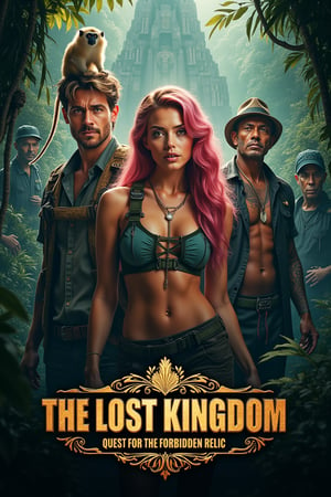 masterpiece,best quality, extremely detailed 8k,8k resolution,exquisite facial features,prefect face, A highly detailed and ultra-realistic 8K movie poster titled ‘The Lost Kingdom: Quest for the Forbidden Relic,’ set in a thrilling, mysterious adventure style inspired by classic jungle exploration films. The scene vividly captures a rugged and lush jungle environment with photorealistic details, including ancient ruins and hidden dangers lurking in the dense foliage. At the center of the poster are the main characters: a charismatic male lead with bronze hair and white skin, wearing stylish adventure gear with lifelike textures. His expression is determined, and his loyal pygmy monkey, rendered in stunning detail, perches on his shoulder, bringing a touch of wild charm. Beside him stands the beautiful female lead with pink hair and fair skin, dressed in a daring, eye-catching outfit that perfectly showcases her confidence and adventurous spirit. Her pose and expression exude a mix of fierceness and allure. The supporting characters include a menacing villain in dark attire with a sinister gaze, a wise elder with intricate tribal tattoos and an air of mystery, and a comedic sidekick in authentic explorer gear, adding a touch of humor. The lighting is dramatic, casting dynamic shadows that highlight the characters and the jungle’s hidden threats, with rich, vivid colors emphasizing the sense of adventure. The title ‘The Lost Kingdom: Quest for the Forbidden Relic’ is boldly placed at the bottom in a stylized, adventure-themed font. Below the title, the caption reads: ‘Embark on the ultimate adventure into the heart of a mysterious land where danger and wonder collide. Only the brave can uncover the secrets of the Lost Kingdom.’ The entire composition is designed to be as sharp, detailed, and realistic as possible, capturing the audience’s attention with an immersive 8K cinematic quality.