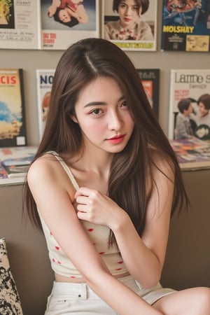 image of a 21-year-old woman sitting casually in a cozy room filled with manga posters and stacks of comic books. She has long, straight dark brown hair that falls naturally past her shoulders. Her eyes are expressive and almond-shaped, giving her a captivating, thoughtful gaze. She has a delicate and soft facial structure with light natural makeup—soft pink lips, subtle eyeliner, and a touch of blush. She wears a light, sleeveless top with small red polka dots and white shorts, reflecting her relaxed style. In a subtle yet sensual gesture, she uses her other hand to gently pull down one strap of her top from her shoulder, revealing her collarbone and adding a touch of allure. Her pose is slightly playful, exuding confidence and playful sensuality. The soft, natural lighting casts a warm glow, enhancing the intimate and youthful atmosphere of the scene. The image captures the distinct grain and nostalgic feel of film photography, shot with an Olympus Zuiko Auto-S 38mm f/1.8 lens, adding a vintage and authentic touch.