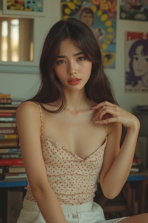 image of a 21-year-old woman sitting casually in a cozy room filled with manga posters and stacks of comic books. She has long, straight dark brown hair that falls naturally past her shoulders. Her eyes are expressive and almond-shaped, giving her a captivating, thoughtful gaze. She has a delicate and soft facial structure with light natural makeup—soft pink lips, subtle eyeliner, and a touch of blush. She wears a light, sleeveless top with small red polka dots and white shorts, reflecting her relaxed style. In a subtle yet sensual gesture, she uses her other hand to gently pull down one strap of her top from her shoulder, revealing her collarbone and adding a touch of allure. Her pose is slightly playful, exuding confidence and playful sensuality. The soft, natural lighting casts a warm glow, enhancing the intimate and youthful atmosphere of the scene. The image captures the distinct grain and nostalgic feel of film photography, shot with an Olympus Zuiko Auto-S 38mm f/1.8 lens, adding a vintage and authentic touch.