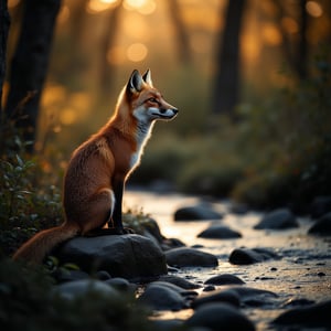 Photograph a solitary fox standing on rocks by the edge of a stream, observing its surroundings. Capture the early morning light with soft, rising sunlight illuminating the scene. Focus on the fox’s alert stance and the serene, natural setting to convey a moment of quiet vigilance and the tranquil beauty of the dawn.