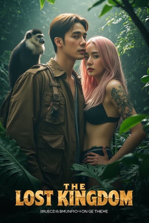 masterpiece,best quality, extremely detailed 8k,8k resolution,exquisite facial features,prefect face, A highly detailed and ultra-realistic 8K movie poster titled ‘The Lost Kingdom: Quest for the Forbidden Relic,’ set in a thrilling, mysterious adventure style inspired by classic jungle exploration films. The scene vividly captures a rugged and lush jungle environment with photorealistic details, including ancient ruins and hidden dangers lurking in the dense foliage. At the center of the poster are the main characters: a handsome male lead with bronze hair and white skin, featuring sharp, attractive features reminiscent of a Korean movie star, with a strong jawline, captivating eyes, and a confident yet charming expression. He is dressed in stylish adventure gear with lifelike textures, and his loyal pygmy monkey, rendered in stunning detail, perches on his shoulder, adding a touch of wild charm. Beside him is the beautiful female lead with pink hair and fair skin, with a face that is breathtakingly stunning like a top Korean actress. She has delicate yet striking features, including big, expressive eyes, a flawless complexion, and an alluring smile. She is dressed in a daring, form-fitting adventure outfit that highlights her confident and adventurous spirit, exuding a mix of fierceness and allure. Supporting characters include a menacing villain in dark attire with a sinister gaze, a wise elder with intricate tribal tattoos and an air of mystery, and a comedic sidekick in authentic explorer gear, adding a touch of humor. The lighting is dramatic, casting dynamic shadows that highlight the characters and the jungle’s hidden threats, with rich, vivid colors emphasizing the sense of adventure. The title ‘The Lost Kingdom: Quest for the Forbidden Relic’ is boldly placed at the bottom in a stylized, adventure-themed font. Below the title, the caption reads: ‘Embark on the ultimate adventure into the heart of a mysterious land where danger and wonder collide. Only the brave can uncover the secrets of the Lost Kingdom.’ The entire composition is designed to be as sharp, detailed, and realistic as possible, capturing the audience’s attention with an immersive 8K cinematic quality.