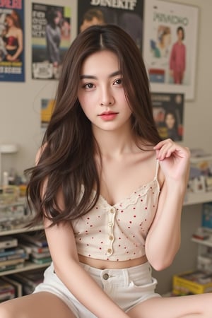 image of a 21-year-old woman sitting casually in a cozy room filled with manga posters and stacks of comic books. She has long, straight dark brown hair that falls naturally past her shoulders. Her eyes are expressive and almond-shaped, giving her a captivating, thoughtful gaze. She has a delicate and soft facial structure with light natural makeup—soft pink lips, subtle eyeliner, and a touch of blush. She wears a light, sleeveless top with small red polka dots and white shorts, reflecting her relaxed style. In a subtle yet sensual gesture, she uses her other hand to gently pull down one strap of her top from her shoulder, revealing her collarbone and adding a touch of allure. Her pose is slightly playful, exuding confidence and playful sensuality. The soft, natural lighting casts a warm glow, enhancing the intimate and youthful atmosphere of the scene. The image captures the distinct grain and nostalgic feel of film photography, shot with an Olympus Zuiko Auto-S 38mm f/1.8 lens, adding a vintage and authentic touch.