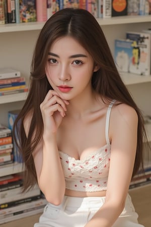 Image of a 21-year-old woman sitting casually in a cozy room filled with manga posters and stacks of comic books. She has long, straight dark brown hair that falls naturally past her shoulders. Her eyes are expressive and almond-shaped, giving her a captivating, thoughtful gaze. She has a delicate and soft facial structure with light natural makeup—soft pink lips, subtle eyeliner, and a touch of blush. She wears a light, sleeveless top with small red polka dots and white shorts, highlighting her relaxed and comfortable style. Her pose is slightly playful, with one hand resting on her lap and the other near her lips, adding a sense of curiosity and introspection. The lighting is soft and natural, casting a warm glow that enhances the intimate, youthful vibe of the scene. The image captures the distinct grain and nostalgic feel typical of film photography, specifically shot with an Olympus Zuiko Auto-S 38mm f/1.8 lens, adding a vintage and authentic touch to the overall composition.