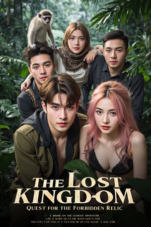 masterpiece,best quality, extremely detailed 8k,8k resolution,exquisite facial features,prefect face, A highly detailed and ultra-realistic 8K movie poster titled ‘The Lost Kingdom: Quest for the Forbidden Relic,’ set in a thrilling, mysterious adventure style inspired by classic jungle exploration films. The scene vividly captures a rugged and lush jungle environment with photorealistic details, including ancient ruins and hidden dangers lurking in the dense foliage. At the center of the poster are the main characters: a handsome male lead with bronze hair and white skin, featuring sharp, attractive features reminiscent of a Korean movie star, with a strong jawline, captivating eyes, and a confident yet charming expression. He is dressed in stylish adventure gear with lifelike textures, and his loyal pygmy monkey, rendered in stunning detail, perches on his shoulder, adding a touch of wild charm. Beside him is the beautiful female lead with pink hair and fair skin, with a face that is breathtakingly stunning like a top Korean actress. She has delicate yet striking features, including big, expressive eyes, a flawless complexion, and an alluring smile. She is dressed in a daring, form-fitting adventure outfit that highlights her confident and adventurous spirit, exuding a mix of fierceness and allure. Supporting characters include a menacing villain in dark attire with a sinister gaze, a wise elder with intricate tribal tattoos and an air of mystery, and a comedic sidekick in authentic explorer gear, adding a touch of humor. The lighting is dramatic, casting dynamic shadows that highlight the characters and the jungle’s hidden threats, with rich, vivid colors emphasizing the sense of adventure. The title ‘The Lost Kingdom: Quest for the Forbidden Relic’ is boldly placed at the bottom in a stylized, adventure-themed font. Below the title, the caption reads: ‘Embark on the ultimate adventure into the heart of a mysterious land where danger and wonder collide. Only the brave can uncover the secrets of the Lost Kingdom.’ The entire composition is designed to be as sharp, detailed, and realistic as possible, capturing the audience’s attention with an immersive 8K cinematic quality.