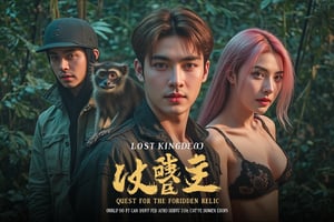 masterpiece,best quality, extremely detailed 8k,8k resolution,exquisite facial features,prefect face, A highly detailed and ultra-realistic 8K movie poster titled ‘The Lost Kingdom: Quest for the Forbidden Relic,’ set in a thrilling, mysterious adventure style inspired by classic jungle exploration films. The scene vividly captures a rugged and lush jungle environment with photorealistic details, including ancient ruins and hidden dangers lurking in the dense foliage. At the center of the poster are the main characters: a handsome male lead with bronze hair and white skin, featuring sharp, attractive features reminiscent of a Korean movie star, with a strong jawline, captivating eyes, and a confident yet charming expression. He is dressed in stylish adventure gear with lifelike textures, and his loyal pygmy monkey, rendered in stunning detail, perches on his shoulder, adding a touch of wild charm. Beside him is the beautiful female lead with pink hair and fair skin, with a face that is breathtakingly stunning like a top Korean actress. She has delicate yet striking features, including big, expressive eyes, a flawless complexion, and an alluring smile. She is dressed in a daring, form-fitting adventure outfit that highlights her confident and adventurous spirit, exuding a mix of fierceness and allure. Supporting characters include a menacing villain in dark attire with a sinister gaze, a wise elder with intricate tribal tattoos and an air of mystery, and a comedic sidekick in authentic explorer gear, adding a touch of humor. The lighting is dramatic, casting dynamic shadows that highlight the characters and the jungle’s hidden threats, with rich, vivid colors emphasizing the sense of adventure. The title ‘The Lost Kingdom: Quest for the Forbidden Relic’ is boldly placed at the bottom in a stylized, adventure-themed font. Below the title, the caption reads: ‘Embark on the ultimate adventure into the heart of a mysterious land where danger and wonder collide. Only the brave can uncover the secrets of the Lost Kingdom.’ The entire composition is designed to be as sharp, detailed, and realistic as possible, capturing the audience’s attention with an immersive 8K cinematic quality.