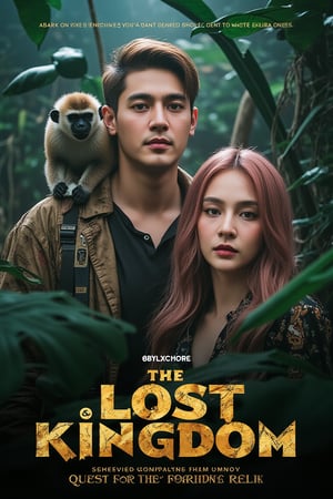 masterpiece,best quality, extremely detailed 8k,8k resolution,exquisite facial features,prefect face, A highly detailed and ultra-realistic 8K movie poster titled ‘The Lost Kingdom: Quest for the Forbidden Relic,’ set in a thrilling, mysterious adventure style inspired by classic jungle exploration films. The scene vividly captures a rugged and lush jungle environment with photorealistic details, including ancient ruins and hidden dangers lurking in the dense foliage. At the center of the poster are the main characters: a handsome male lead with bronze hair and white skin, featuring sharp, attractive features reminiscent of a Korean movie star, with a strong jawline, captivating eyes, and a confident yet charming expression. He is dressed in stylish adventure gear with lifelike textures, and his loyal pygmy monkey, rendered in stunning detail, perches on his shoulder, adding a touch of wild charm. Beside him is the beautiful female lead with pink hair and fair skin, with a face that is breathtakingly stunning like a top Korean actress. She has delicate yet striking features, including big, expressive eyes, a flawless complexion, and an alluring smile. She is dressed in a daring, form-fitting adventure outfit that highlights her confident and adventurous spirit, exuding a mix of fierceness and allure. Supporting characters include a menacing villain in dark attire with a sinister gaze, a wise elder with intricate tribal tattoos and an air of mystery, and a comedic sidekick in authentic explorer gear, adding a touch of humor. The lighting is dramatic, casting dynamic shadows that highlight the characters and the jungle’s hidden threats, with rich, vivid colors emphasizing the sense of adventure. The title ‘The Lost Kingdom: Quest for the Forbidden Relic’ is boldly placed at the bottom in a stylized, adventure-themed font. Below the title, the caption reads: ‘Embark on the ultimate adventure into the heart of a mysterious land where danger and wonder collide. Only the brave can uncover the secrets of the Lost Kingdom.’ The entire composition is designed to be as sharp, detailed, and realistic as possible, capturing the audience’s attention with an immersive 8K cinematic quality.