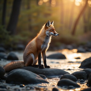 Photograph a solitary fox from a close distance, highlighting the intricate details of its fur and its alert stance as it stands on rocks by the edge of a stream. Capture the scene in early morning light with soft, rising sunlight. Ensure the image is in 8K resolution to showcase the fine textures and details of the fox's fur and the serene, natural setting.