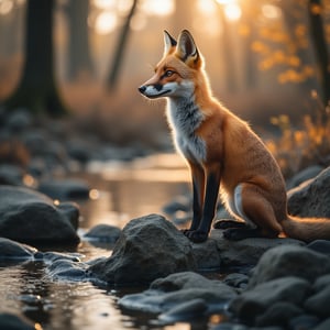 Photograph a solitary fox from a close distance, highlighting the intricate details of its fur and its alert stance as it stands on rocks by the edge of a stream. Capture the scene in early morning light with soft, rising sunlight. Ensure the image is in 8K resolution to showcase the fine textures and details of the fox's fur and the serene, natural setting.