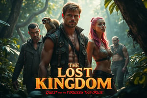 masterpiece,best quality, extremely detailed 8k,8k resolution,exquisite facial features,prefect face, A highly detailed and ultra-realistic 8K movie poster titled ‘The Lost Kingdom: Quest for the Forbidden Relic,’ set in a thrilling, mysterious adventure style inspired by classic jungle exploration films. The scene vividly captures a rugged and lush jungle environment with photorealistic details, including ancient ruins and hidden dangers lurking in the dense foliage. At the center of the poster are the main characters: a charismatic male lead with bronze hair and white skin, wearing stylish adventure gear with lifelike textures. His expression is determined, and his loyal pygmy monkey, rendered in stunning detail, perches on his shoulder, bringing a touch of wild charm. Beside him stands the beautiful female lead with pink hair and fair skin, dressed in a daring, eye-catching outfit that perfectly showcases her confidence and adventurous spirit. Her pose and expression exude a mix of fierceness and allure. The supporting characters include a menacing villain in dark attire with a sinister gaze, a wise elder with intricate tribal tattoos and an air of mystery, and a comedic sidekick in authentic explorer gear, adding a touch of humor. The lighting is dramatic, casting dynamic shadows that highlight the characters and the jungle’s hidden threats, with rich, vivid colors emphasizing the sense of adventure. The title ‘The Lost Kingdom: Quest for the Forbidden Relic’ is boldly placed at the bottom in a stylized, adventure-themed font. Below the title, the caption reads: ‘Embark on the ultimate adventure into the heart of a mysterious land where danger and wonder collide. Only the brave can uncover the secrets of the Lost Kingdom.’ The entire composition is designed to be as sharp, detailed, and realistic as possible, capturing the audience’s attention with an immersive 8K cinematic quality.