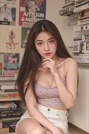 Image of a 21-year-old woman sitting casually in a cozy room filled with manga posters and stacks of comic books. She has long, straight dark brown hair that falls naturally past her shoulders. Her eyes are expressive and almond-shaped, giving her a captivating, thoughtful gaze. She has a delicate and soft facial structure with light natural makeup—soft pink lips, subtle eyeliner, and a touch of blush. She wears a light, sleeveless top with small red polka dots and white shorts, emphasizing her relaxed style. One strap of her top is intentionally slipped off her shoulder, subtly revealing her collarbone and adding a hint of sensuality to her appearance. Her pose is slightly playful, with one hand resting on her lap and the other near her lips, adding a sense of curiosity and allure. The soft, natural lighting creates a warm glow, enhancing the intimate and youthful vibe of the scene. The image captures the distinct grain and nostalgic feel of film photography, shot with an Olympus Zuiko Auto-S 38mm f/1.8 lens, adding a vintage and authentic touch.