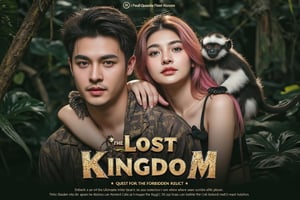 masterpiece,best quality, extremely detailed 8k,8k resolution,exquisite facial features,prefect face, A highly detailed and ultra-realistic 8K movie poster titled ‘The Lost Kingdom: Quest for the Forbidden Relic,’ set in a thrilling, mysterious adventure style inspired by classic jungle exploration films. The scene vividly captures a rugged and lush jungle environment with photorealistic details, including ancient ruins and hidden dangers lurking in the dense foliage. At the center of the poster are the main characters: a handsome male lead with bronze hair and white skin, featuring sharp, attractive features reminiscent of a Korean movie star, with a strong jawline, captivating eyes, and a confident yet charming expression. He is dressed in stylish adventure gear with lifelike textures, and his loyal pygmy monkey, rendered in stunning detail, perches on his shoulder, adding a touch of wild charm. Beside him is the beautiful female lead with pink hair and fair skin, with a face that is breathtakingly stunning like a top Korean actress. She has delicate yet striking features, including big, expressive eyes, a flawless complexion, and an alluring smile. She is dressed in a daring, form-fitting adventure outfit that highlights her confident and adventurous spirit, exuding a mix of fierceness and allure. Supporting characters include a menacing villain in dark attire with a sinister gaze, a wise elder with intricate tribal tattoos and an air of mystery, and a comedic sidekick in authentic explorer gear, adding a touch of humor. The lighting is dramatic, casting dynamic shadows that highlight the characters and the jungle’s hidden threats, with rich, vivid colors emphasizing the sense of adventure. The title ‘The Lost Kingdom: Quest for the Forbidden Relic’ is boldly placed at the bottom in a stylized, adventure-themed font. Below the title, the caption reads: ‘Embark on the ultimate adventure into the heart of a mysterious land where danger and wonder collide. Only the brave can uncover the secrets of the Lost Kingdom.’ The entire composition is designed to be as sharp, detailed, and realistic as possible, capturing the audience’s attention with an immersive 8K cinematic quality.