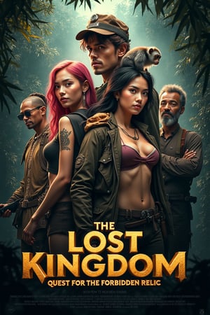 masterpiece,best quality, extremely detailed 8k,8k resolution,exquisite facial features,prefect face, A highly detailed and ultra-realistic 8K movie poster titled ‘The Lost Kingdom: Quest for the Forbidden Relic,’ set in a thrilling, mysterious adventure style inspired by classic jungle exploration films. The scene vividly captures a rugged and lush jungle environment with photorealistic details, including ancient ruins and hidden dangers lurking in the dense foliage. At the center of the poster are the main characters: a charismatic male lead with bronze hair and white skin, wearing stylish adventure gear with lifelike textures. His expression is determined, and his loyal pygmy monkey, rendered in stunning detail, perches on his shoulder, bringing a touch of wild charm. Beside him stands the beautiful female lead with pink hair and fair skin, dressed in a daring, eye-catching outfit that perfectly showcases her confidence and adventurous spirit. Her pose and expression exude a mix of fierceness and allure. The supporting characters include a menacing villain in dark attire with a sinister gaze, a wise elder with intricate tribal tattoos and an air of mystery, and a comedic sidekick in authentic explorer gear, adding a touch of humor. The lighting is dramatic, casting dynamic shadows that highlight the characters and the jungle’s hidden threats, with rich, vivid colors emphasizing the sense of adventure. The title ‘The Lost Kingdom: Quest for the Forbidden Relic’ is boldly placed at the bottom in a stylized, adventure-themed font. Below the title, the caption reads: ‘Embark on the ultimate adventure into the heart of a mysterious land where danger and wonder collide. Only the brave can uncover the secrets of the Lost Kingdom.’ The entire composition is designed to be as sharp, detailed, and realistic as possible, capturing the audience’s attention with an immersive 8K cinematic quality.