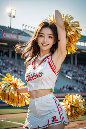 Maximalism, masterpiece, top quality, 8k, high resolution, super detailed, absurd, vivid contrast, insanely detailed,
BREAK
1girl, (Beautiful face, brightly colored shining eyes, clear skin, smile, shiny hair: 1.2),
BREAK
(cheerleader:1.4),
BREAK
baseball stadium,girl,watercolor