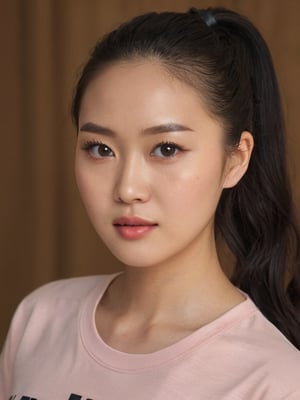 pretty chinese mix korean girl, 30 years old. Average body, bright honey eyes with sharp size, full lips, long eyelashes. Black, ponytail, soul and spiritual mentor. T-Shirts,cinematic,photorealistic,masterpiece,1 girl ,best quality