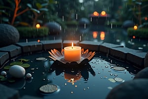 heyun, Depth of Field, Outdoor, Reflection, top view on spa water pond, one big candle, raining Landscape, Landscape,(masterpiece:1.2),best quality,highres,extremely detailed CG,perfect lighting,8k wallpaper